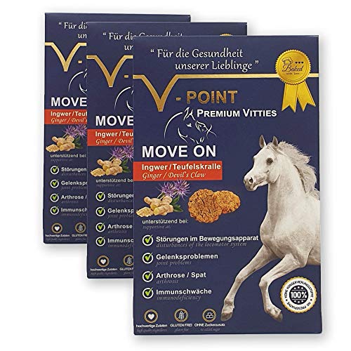 V-POINT Premium Vitties für Pferde Move ON mit Teufelskralle und Ingwer - Gelenksprobleme Belohnungs-Snack Plus ohne Zuckerzusatz vegan getreidefrei gesunde Pferdeleckerli (3x250g) von V-POINT