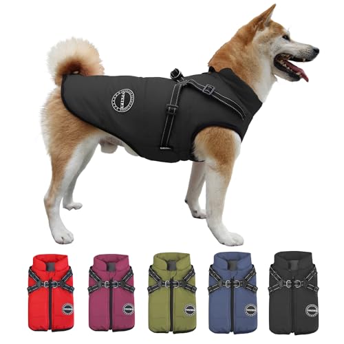 V.PET.B.R Hunde-Wintermantel, warme Hundejacke, gepolstert, Fleece, Hundeweste mit integriertem Geschirr, wasserdicht, winddicht, reflektierend, gemütlich, verstellbar, mit Reißverschluss für kleine von V.PET.B.R