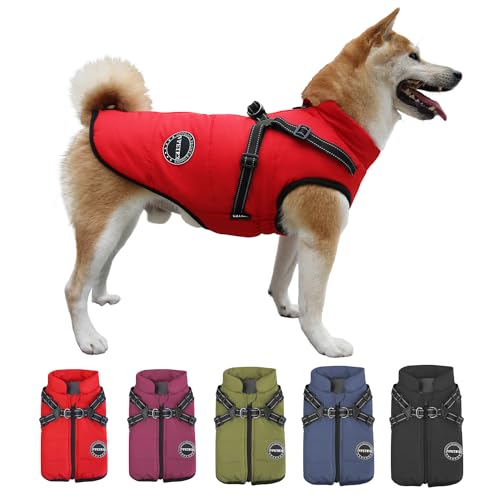 V.PET.B.R Hunde-Wintermantel, warme Hundejacke, gepolstert, Fleece, Hundeweste mit integriertem Geschirr, wasserdicht, winddicht, reflektierend, gemütlich, verstellbar, mit Reißverschluss für kleine von V.PET.B.R