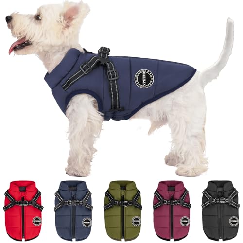 V.PET.B.R Hunde-Wintermantel, warme Hundejacke, gepolstert, Fleece, Hundeweste mit integriertem Geschirr, wasserdicht, winddicht, reflektierend, gemütlich, verstellbar, mit Reißverschluss für kleine von V.PET.B.R