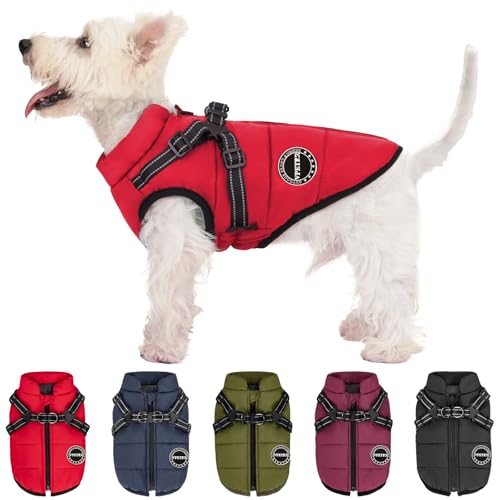 V.PET.B.R Hunde-Wintermantel, warme Hundejacke, gepolstert, Fleece, Hundeweste mit integriertem Geschirr, wasserdicht, winddicht, reflektierend, gemütlich, verstellbar, mit Reißverschluss für kleine von V.PET.B.R