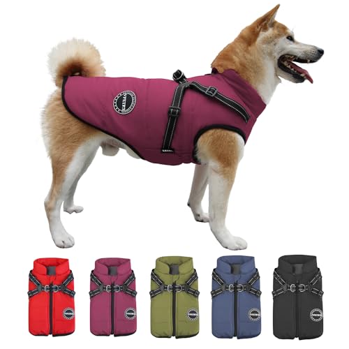 V.PET.B.R Hunde-Wintermantel, warme Hundejacke, gepolsterte Fleece-Hundeweste mit integriertem Geschirr, wasserdicht, winddicht, reflektierend, gemütlich, verstellbar, mit Reißverschluss für kleine von V.PET.B.R