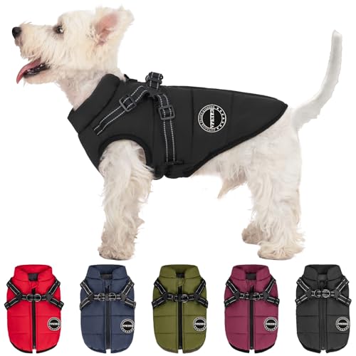 V.PET.B.R Hunde-Wintermantel, warme Hundejacke, gepolsterte Fleece-Hundeweste mit integriertem Geschirr, wasserdicht, winddicht, reflektierend, gemütlich, verstellbar, mit Reißverschluss für kleine von V.PET.B.R