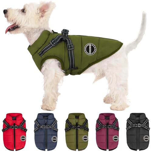 V.PET.B.R Hunde-Wintermantel, warme Hundejacke, gepolsterte Fleece-Hundeweste mit integriertem Geschirr, wasserdicht, winddicht, reflektierend, gemütlich, verstellbar, mit Reißverschluss für kleine von V.PET.B.R