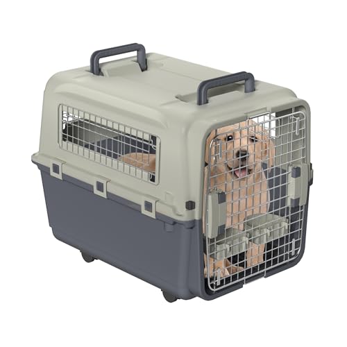VA-Cerulean Hundetransportbox Transportbox Katzentransportbox, Hundebox mit Eisen Tür & Lüftungsschlitze, inkl. Kissen und Napf, für Verschiedene Hunde, 80x57x70cm, mit Rädern von VA-Cerulean