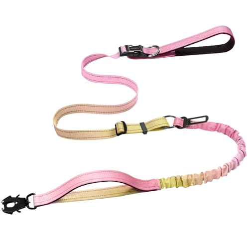 Strapazierfähige, freihändige Hundeleine mit Schnellverschluss-Karabiner und verstellbarem Bungee-Hundeleine, für Spaziergänge und Training, mit Auto-Sicherheitsgurt, 1,2 - 1,8 m, Rosa / Gelb von VAANNQOUU