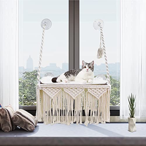 Katzen-Fensterstange Makramee Katzenhängematte Boho Wandmontage Haustier Ruhesitz Bett zum Sonnenbaden, Nickerchen & Überblick mit 4 Sitz-Saugnäpfen & Fleecedecke & Strickballspielzeug – Gewicht bis von VAESCOL