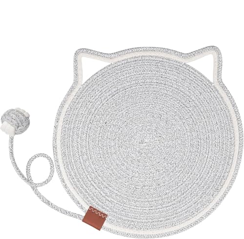 VAGRSS Kratzmatte für Katzen, Baumwollseil, Katzenkratzmatte mit Ball, Spielzeug, schützende Möbel, Katzenkratzkissen, faltbar, rund, groß, 45 cm, Grau von VAGRSS