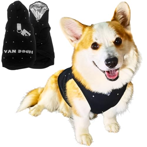 VAN DOGH - Black Hoodie for Dogs & Cats - Unique, Premium Quality Cotton and Polyester Blend, Light, Breathable and Waterproof - Hand-Embelished with Preciosa Crystals (M) von VAN DOGH