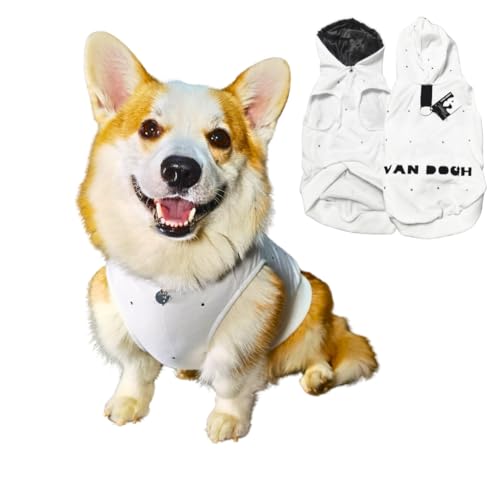 VAN DOGH - White Hoodie for Dogs & Cats - Unique, Premium Quality Cotton and Polyester Blend, Light, Breathable and Waterproof - Hand-Embelished with Preciosa Crystals (L) von VAN DOGH