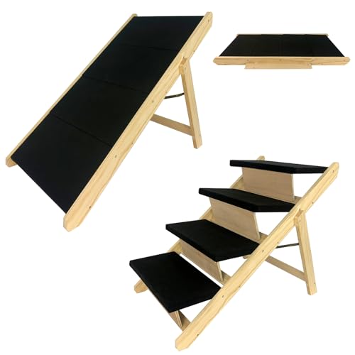 VANCHEMO Hunderampe Haustiertreppe Holz 100x47x63cm, 2-in-1 Faltbare rutschfeste Hundetreppe und Rampe für Bett und Sofa, mit 4 Stufen, Tragkraft bis zu 5 kg, Ideal für Katzen und Kleine Hunde von VANCHEMO