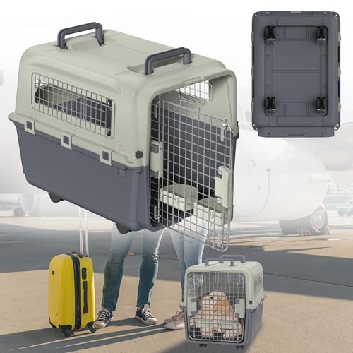 VANCHEMO Hundetransportbox Hundebox mit Transport-Räder Hunde und Katzen Transportbox Kaninchen Kunststoff Katzenkorb mit Tür Lüftungsschlitze Urinbarriere Schalen und Tragegriff (67x51x58.5cm) von VANCHEMO