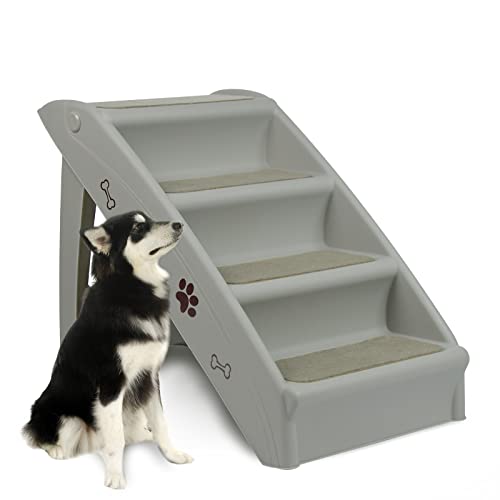 VANCHEMO Hundetreppe Klappbare Haustiertreppe mit Rutschfester Matte, 4-Stufige Faltbare Katzentreppe, Hunderampe für Hunde und Katzen, Belastbarkeit bis 75kg, rutschfest, 38T x 61B x 61H cm, Grau von VANCHEMO