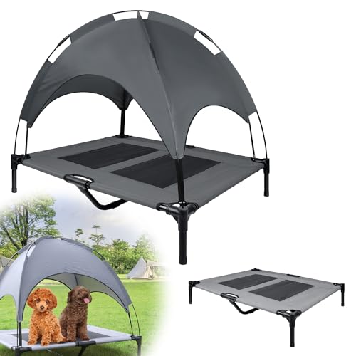 VANCHEMO L Hundeliege Erhöht Hundebett mit Baldachin Stabile Haustierliege Haustierbett mit Eisenrahmen Katzenbett für Indoor Outdoor 76x61x76cm von VANCHEMO