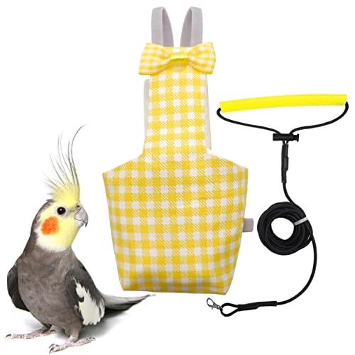 VANFAVORI Vogelwindelgeschirr, Fluganzug, Kleidung mit 203,4 cm Langer Leine für Papageien, Sittiche, Nymphensittiche, Haustiere, Vögel, Gewicht 80–105 g, Größe M, Gelb, inkl. Wattepad von VANFAVORI