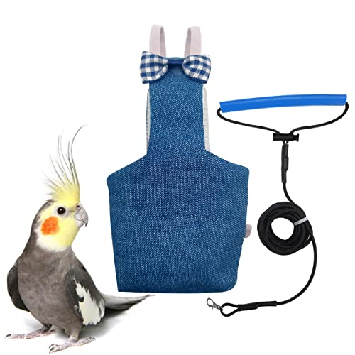 VANFAVORI Vogelwindelgeschirr Fluganzug Kleidung mit 203 cm fliegender Leine, Seil für Papageien, Conure, Nymphensittiche, Haustiervögel, Gewicht 75–99 g, Größe M Denim, inklusive Wattepad von VANFAVORI