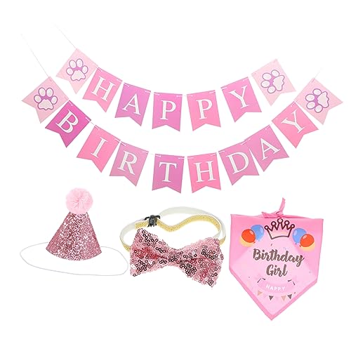 VANZACK 5 Sätze Katzen-Geburtstags-Outfit Hundehalsband klein Alles zum Geburtstag-Banner Katzen Hut katzenmützen Ornament Spielzeuge Haustier-Cosplay-Hut Katzenhalsband Krawatte Rosa von VANZACK