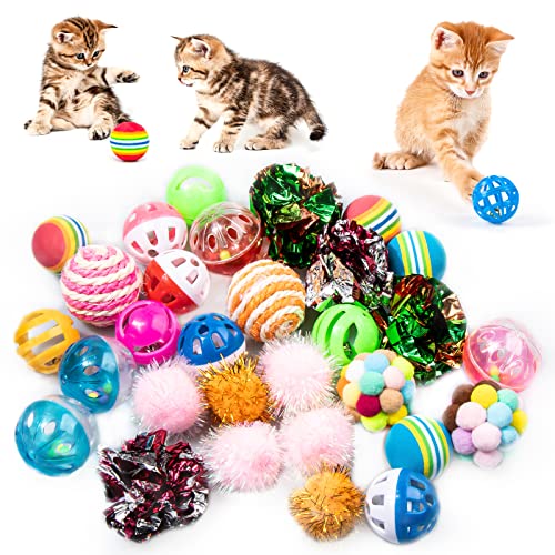 VAPKER 30Pcs Katze Ball Spielzeug Katze Kätzchen Kauen Spielzeug Bälle mit Bell Katze Crinkle Ball, Regenbogen Ball, Sparkle Ball, Glockenbälle, Sisal Ball, Pom Pom Ball für Indoor Katzen von VAPKER