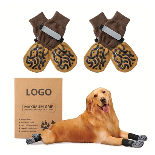 VARKAGE 2 Paar Hundesocken Anti Rutsch, Antirutschsocken Hund, Hundesocken Leckschutz mit Verstellbaren Riemen-Traktionskontrolle （Braun L von VARKAGE