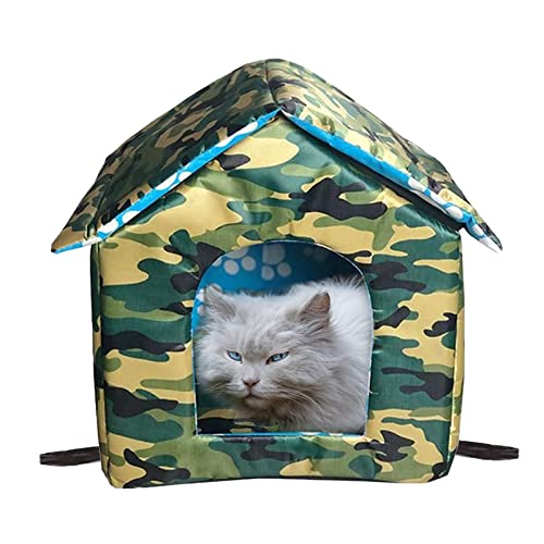 Katzenhäuser für Outdoor Katzen, Feral Katzen Hunde Haus, Wetterfest Warmes und Isoliertes Katzenhaus mit Transparent Vorhang Haustierhaus, Streukatzen Unterschlupf (Camouflage Grün, Mittelhäuser) von VARMTOR