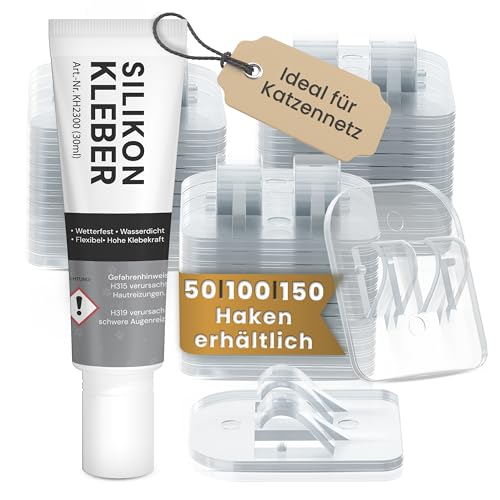 VAYPET® 100 Klebehaken transparent & Silikonkleber [60ml] zur Befestigung vom Katzennetz für Balkon ohne Bohren I Katzennetz ohne Bohren schnell befestigt Dank Stabiler Klebehaken Outdoor (2er-Pack) von VAYPET