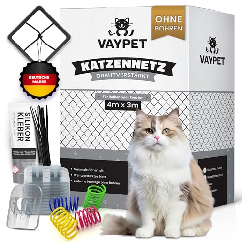 VAYPET® Katzennetz für Balkon ohne Bohren inkl. Klebehaken & Silikonkleber I Robustes Katzennetz drahtverstärkt & wetterfest I Einfach mit dem Katzennetz Balkon, Fenster & Terrasse sichern (3x4m) von VAYPET