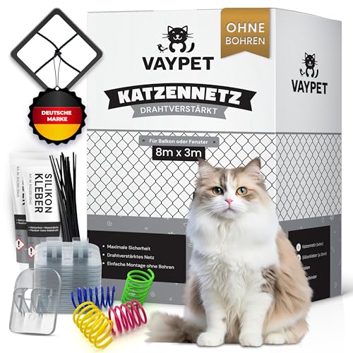 VAYPET® Katzennetz für Balkon ohne Bohren inkl. Klebehaken & Silikonkleber I Robustes Katzennetz drahtverstärkt & wetterfest I Einfach mit dem Katzennetz Balkon, Fenster & Terrasse sichern (3x8m) von VAYPET