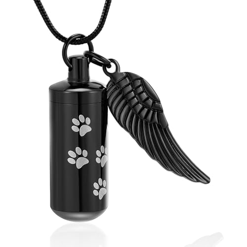 Zylinder Urne Halskette für Asche Einäscherung Schmuck für menschliche Haustier Edelstahl Memorial Keepsake Anhänger mit Engel Flügel Charme Asche (Schwarz) von VCCWYQK