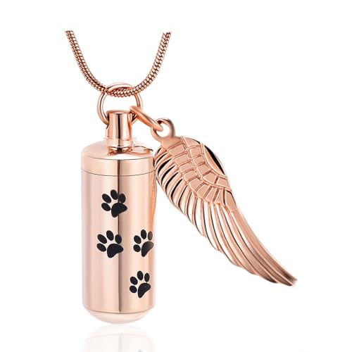 Zylinder Urne Halskette für Asche Einäscherung Schmuck für menschliche Haustier Edelstahl Memorial Keepsake Anhänger mit Engel Flügel Charme Asche (Rosa) von VCCWYQK