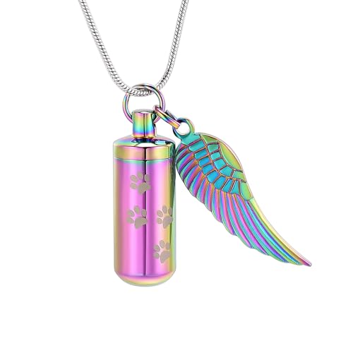 VCCWYQK Zylinder Urne Halskette für Asche Einäscherung Schmuck für menschliche Haustier Edelstahl Memorial Keepsake Anhänger mit Engel Flügel Charme Asche (Bunt) von VCCWYQK