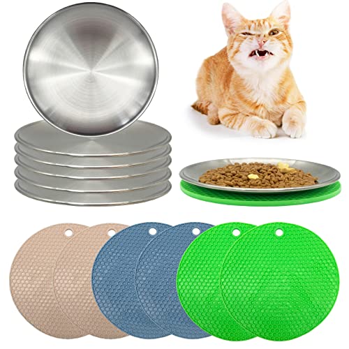 VCEPJH Katzennäpfe aus Edelstahl, flach, für Futter und Wasser, mit rutschfester Matte für Katzen und kleine Haustiere, 16,8 cm, 6 Sets von VCEPJH