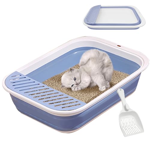 VCEPJH Zusammenklappbare kleine Katzentoilette, offen, mit Schaufel, faltbar, flach, Katzentoilette, wasserdicht, für kleine Katzen, 45 x 34 x 12,4 cm, Blau M von VCEPJH