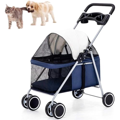 VECNUM 4 Hundebuggy Für Hunde Und Katzen, Faltbarer Hundewagen, Hunde Jogger Buggy Katzen Wagen,Haustier Transportwagen, Tiere Wagen- Bis 15 Kg,Blau von VECNUM