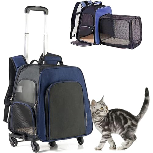 VECNUM Hunderucksack 2 in 1 Hundetrolley Katzenrucksack Für Kleine Hunde Katzen Transporttasche Katzen Transportboxen,Höchstlast 10Kg,Blau von VECNUM