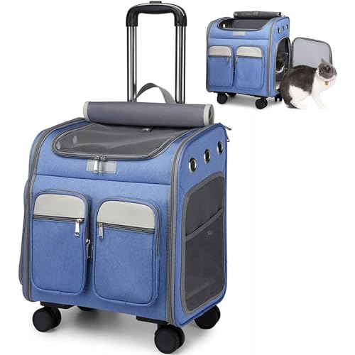 VECNUM Hundetrolley Hunderucksack Transporttasche Tragetasche Gepäcktasche Mit Schulterriemen Und Rollen Trolley Für Kleine Hunde/Katzen Bis Zu 17Lbs Outdoor-Einsatz,Blau von VECNUM