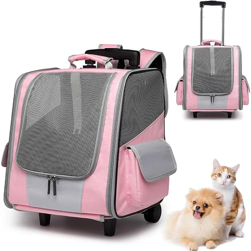 VECNUM Transporttasche Mit Rollen, Hundetrolley Tragetasche Hunderucksack Mit Sichtfenster, Tragbar, Für Haustiere, Katzen Und Hunde,Mit 2 Großen Taschen,Höchstlast 10Kg,Rosa von VECNUM