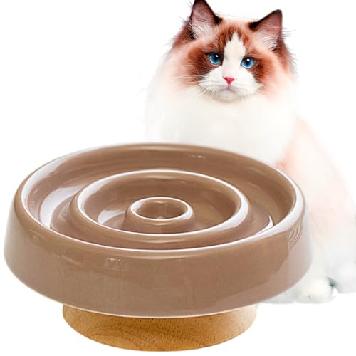 Slow Feeder Katzennapf, Keramik, erhöhter Schnurrhaar, freundlich, ergonomisch, Anti-Erbrechen, Katzenfutterschale mit Holzständer, Katzen-Hunde-Futterspender für gesunde Ernährung (Braun) von VEEKI