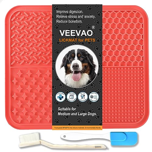 VEEVAO XL-Leckmatte für große Rassen, 30,5 x 25,4 cm, lebensmittelechtes Silikon, mit Saugnäpfen, Leckmatte für Hunde, Angstlinderung, Erdnussbutter-Leckpad gegen Langeweile (Korallenrot) von VEEVAO