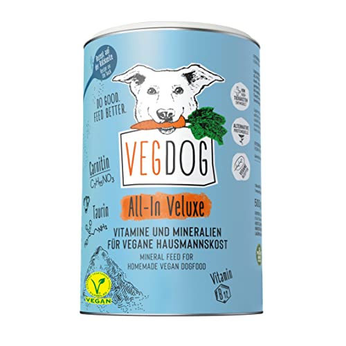 VEGDOG ALL-IN VELUXE vegane Nahrungsergänzung für adulte Hunde mit Vitaminen, Mineralien und Aminosäuren, Mineralpulver zum Selberkochen für Allergiker (500 g) von VEGDOG