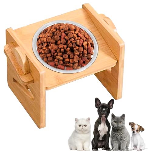 Hundenapf Erhöht Mit Ständer, Bambus Holz Erhöhte Hundenapf, Futternapf Hund Erhöht Mit 450ml Edelstahl Fressnapf, Höhenverstellbar Futternapf Hund Für Kleine Medium Hunde & Katzen (1 Pack) von VEGOATY