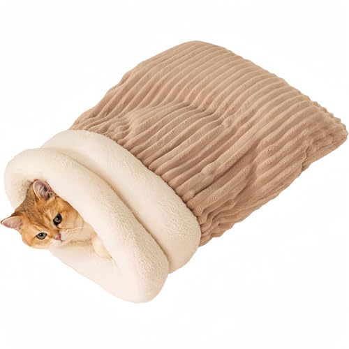 VEIYI Katzenschlafsack Kuschelsack Warmer Katzenbett Hundeschlafsack Waschbar Katzen Winterschlafsack Haustierbett für Katzen unter 3 Kg- oder 6 Kg (Braun, L:54 x 45 x 41cm) von VEIYI