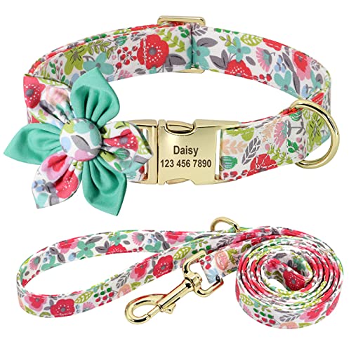 Benutzerdefiniertes Hundehalsband Und Leine-Set Nylon Bedrucktes Blumen-Hundenamensschild-Halsband Personalisierte Hunde-ID-Halsbänder Für Kleine Mittelgroße Hunde,167 Grün,XS von VEKETE