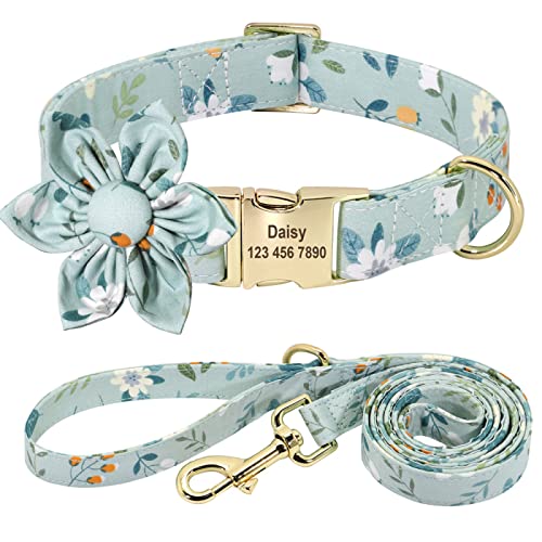 Benutzerdefiniertes Hundehalsband Und Leine-Set Nylon Bedrucktes Blumen-Hundenamensschild-Halsband Personalisierte Hunde-ID-Halsbänder Für Kleine Mittelgroße Hunde,168 Grün,L von VEKETE