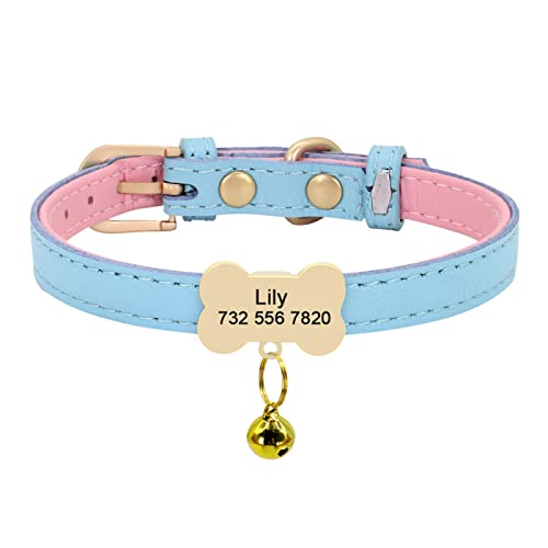 Benutzerdefiniertes Leder-Katzenhalsband Personalisiertes Kleines Hundewelpenhalsband Graviertes Katzenhaustierhalsband Einstellbar Für Chihuahua Rot XS S,hellblauer Knochen,S von VEKETE