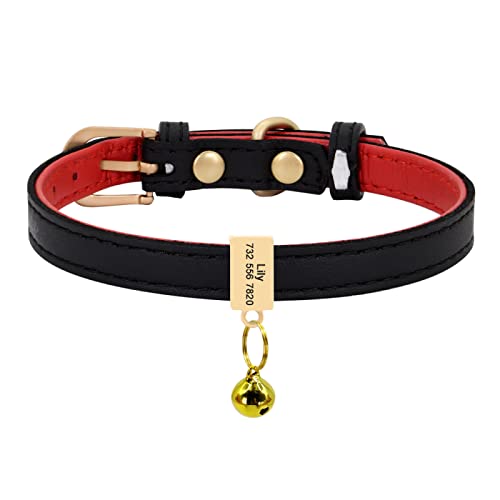 Benutzerdefiniertes Leder-Katzenhalsband Personalisiertes Kleines Hundewelpenhalsband Graviertes Katzenhaustierhalsband Einstellbar Für Chihuahua Rot XS S,schwarzer Block,XS von VEKETE