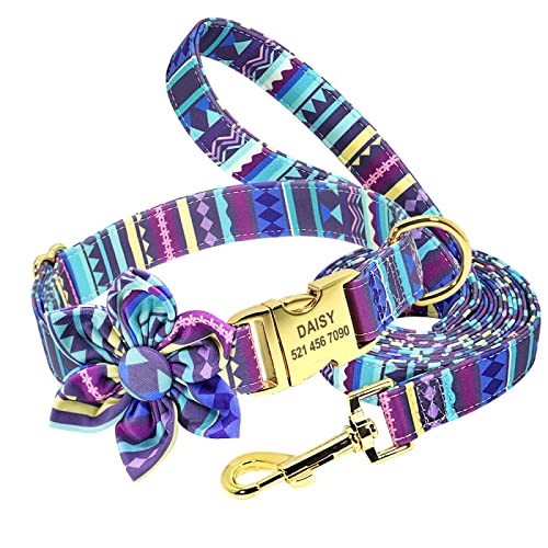 Hundezubehör Halsband-Leine-Set Individuell Bedrucktes Nylon-Hundehalsband Gehleine Pet Graviertes ID-Tag-Halsband Für Kleine Mittelgroße Hunde,152Lila,S von VEKETE