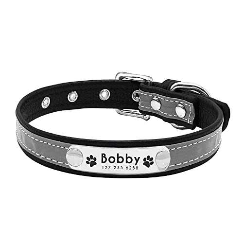 Personalisiertes Hundehalsband,Reflektierendes Leder,ID-Name,Individuell Graviert,Welpe,XS-L,Schwarz,S 26-32 cm von VEKETE