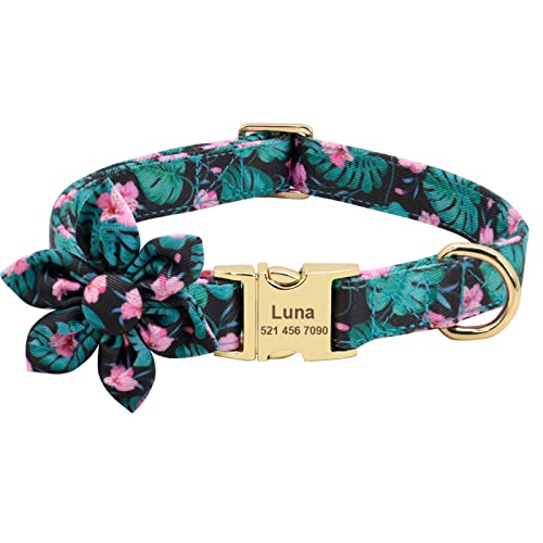 Personalisiertes Hundehalsband Bedrucktes Individuelles Haustierhalsband Für Kleine Mittelgroße Hunde Gravierte Halsbänder Blumen-Hundezubehör,145GRÜN,L von VEKETE