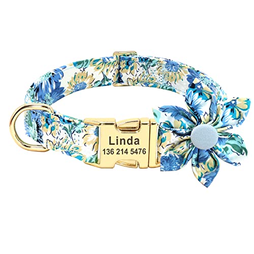 Personalisiertes Hundehalsband Bedrucktes Individuelles Haustierhalsband Für Kleine Mittelgroße Hunde Gravierte Halsbänder Blumen-Hundezubehör,157BLAU,L von VEKETE