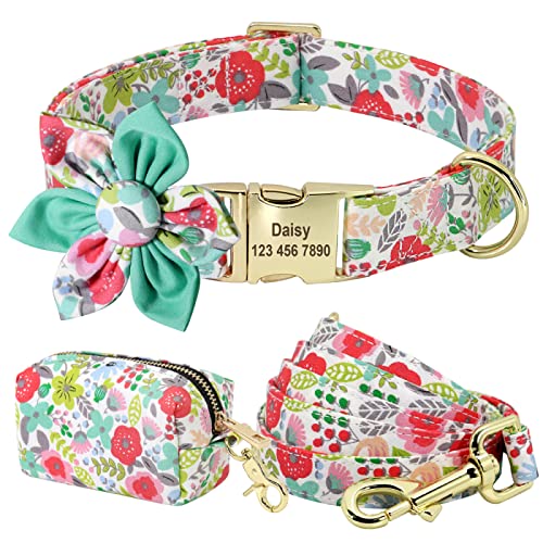 Personalisiertes Hundehalsband-Kotbeutel-Set Bedruckte Nylon-Hundehalsbänder Mit Blumengravur Für Kleine Und Mittelgroße Hunde,167 Grün,L von VEKETE